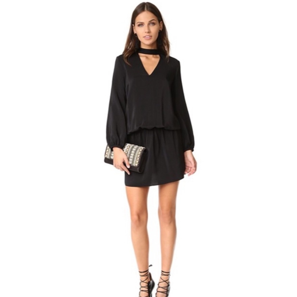 Amanda Uprichard Black Silk V‑Neck Choker Long‑Sleeve Mini Dress